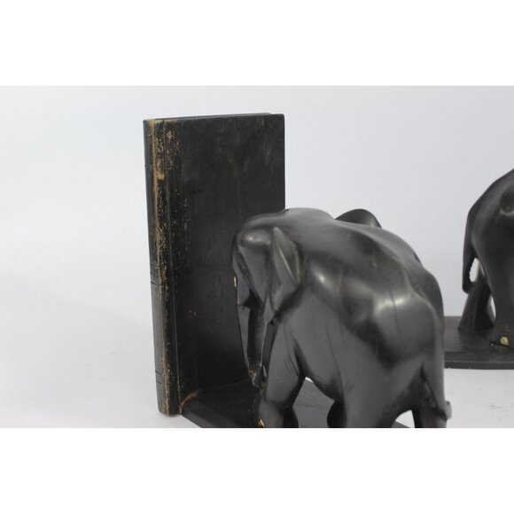 Hand Carved Wooden Elephant Bookends, Vintage Wood Book Ends, Carved Elephant De - Picture 3 of 13